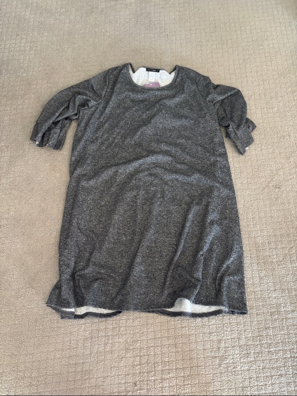Sparkle-Trim Charcoal Gray Short Sleeve Sweater Dress